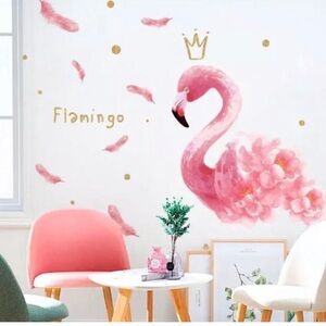 WALL DECAL Pink Flamingo, Gold Crown, Feathers Wall Art, Removable Wall Art
